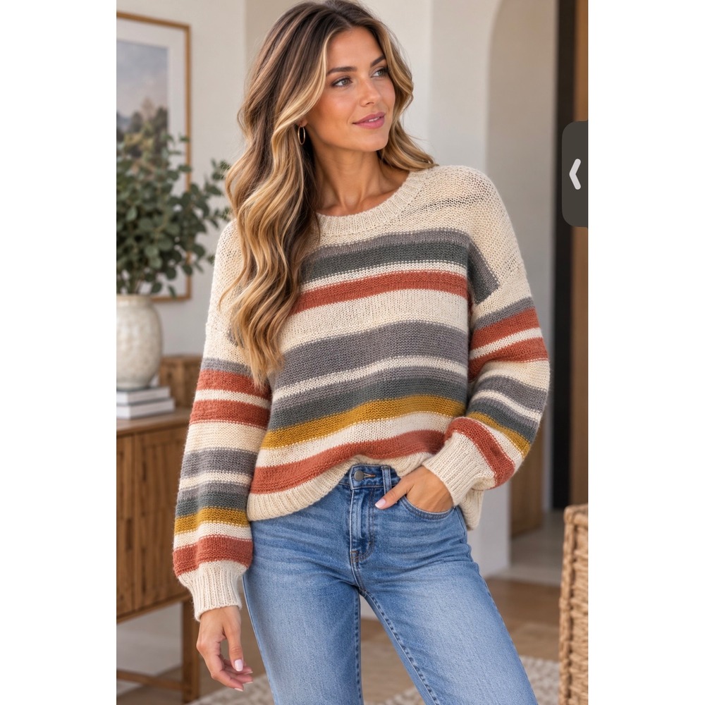 Becaal Multicolor Striped Knit Pullover Sweater Cream Rust Mustard Womens